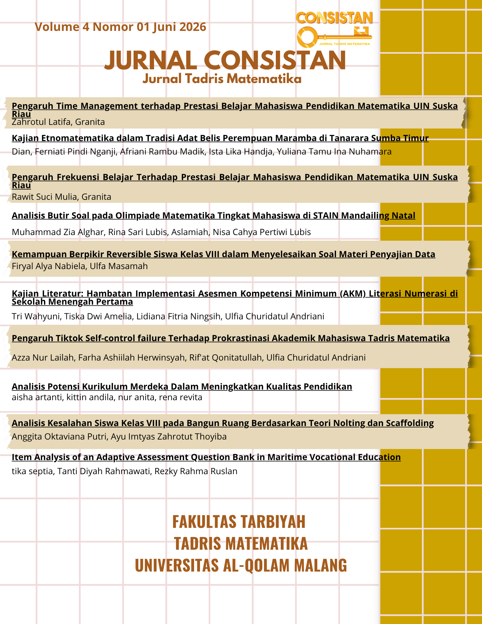 					View Vol. 4 No. 01 (2026): Consistan : Jurnal Tadris Matematika
				